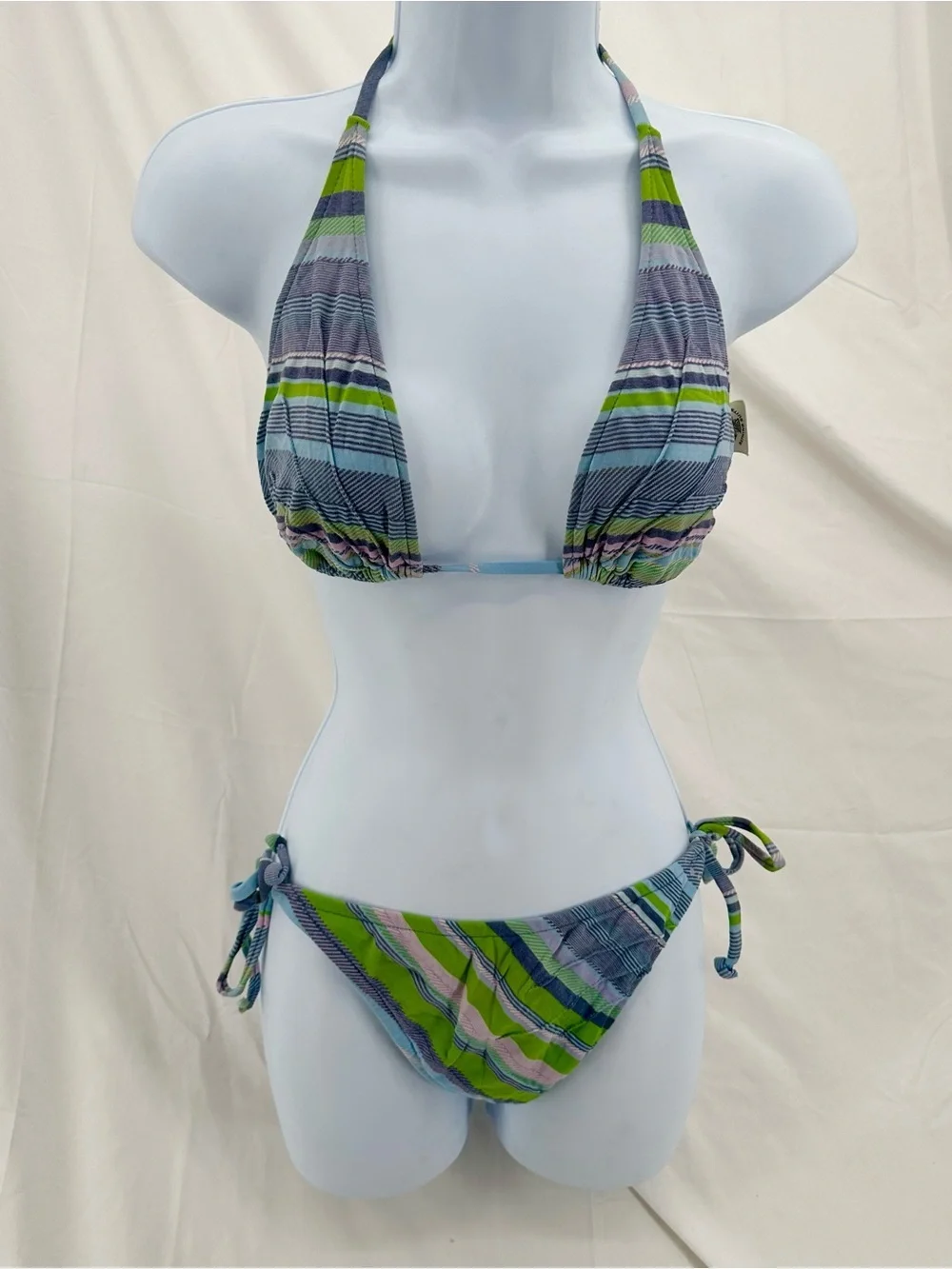 Surf Striped Y2K Lucky Brand Halter Blue and Green Bikini Set - Picture 2 of 13